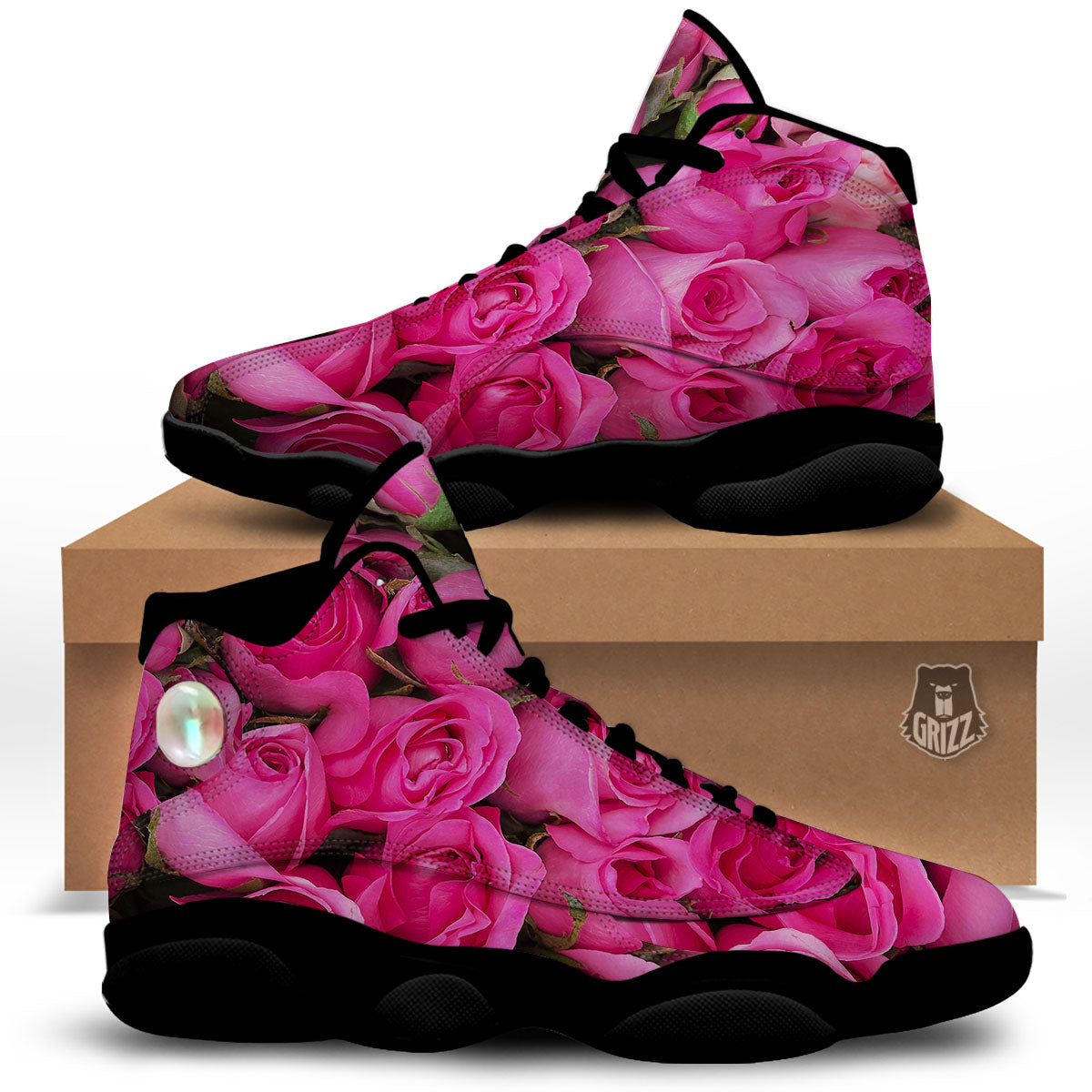 Rose Hot Pink Print Black Basketball Shoes-grizzshop