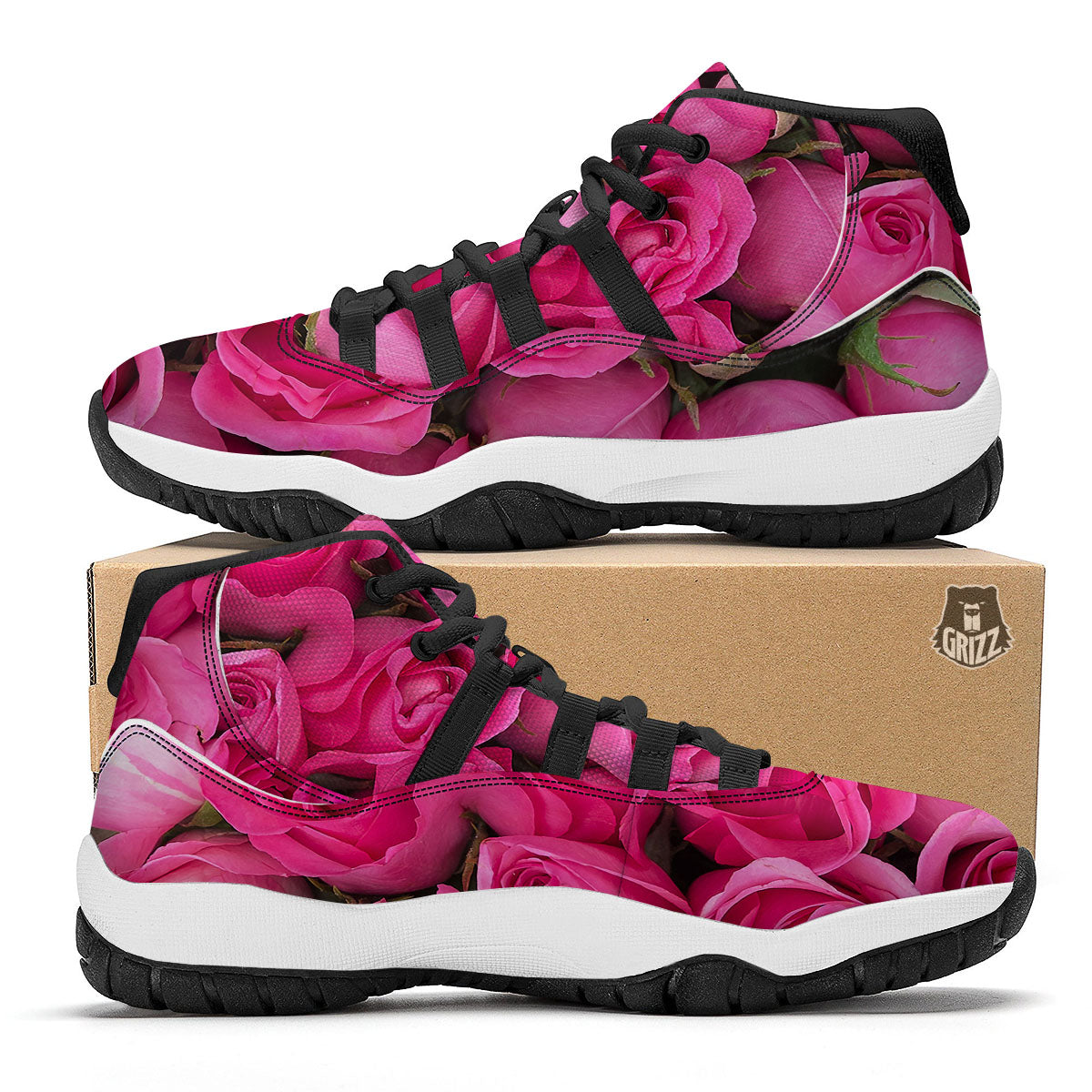 Rose Hot Pink Print Black Bball Shoes-grizzshop