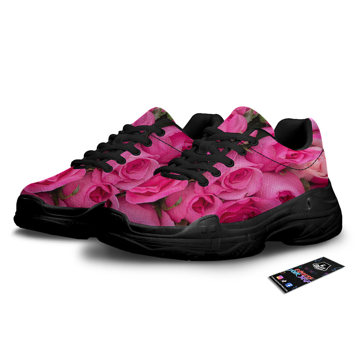 Black Pink Rose Flower Print Women's Sneakers