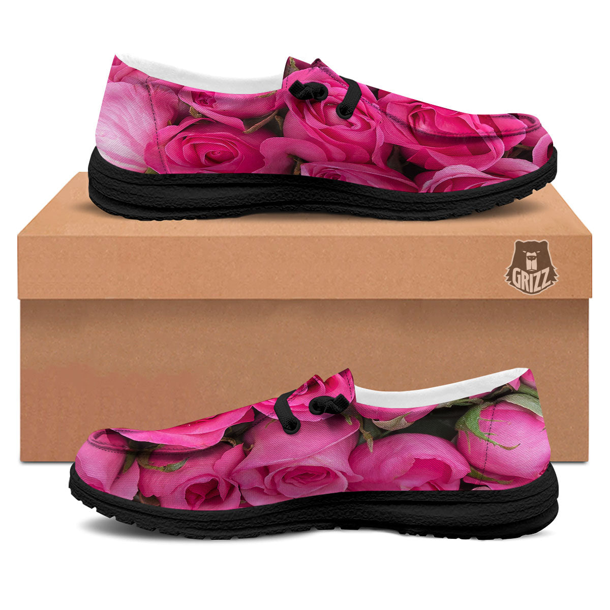 Rose Hot Pink Print Black Loafers-grizzshop