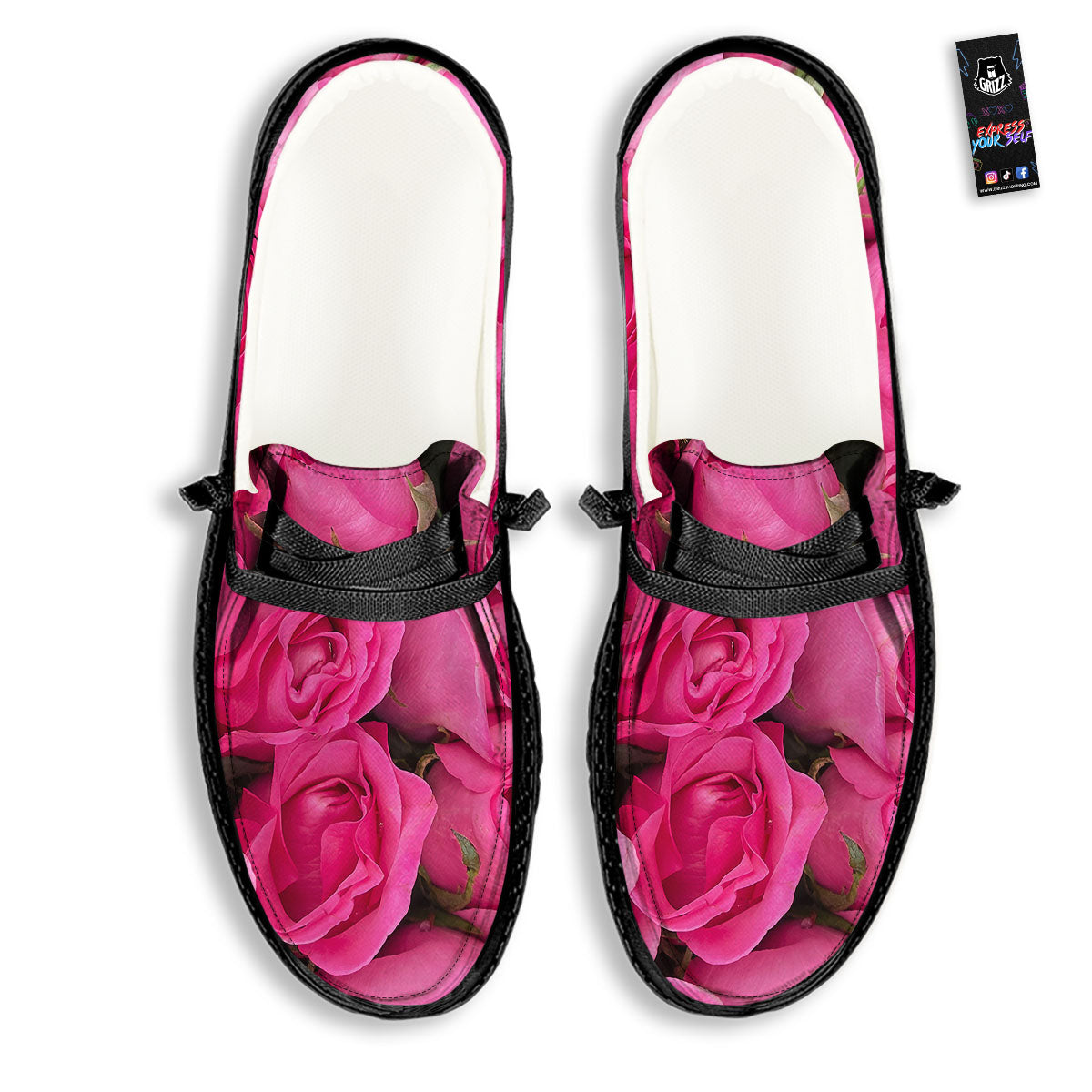 Rose Hot Pink Print Black Loafers-grizzshop