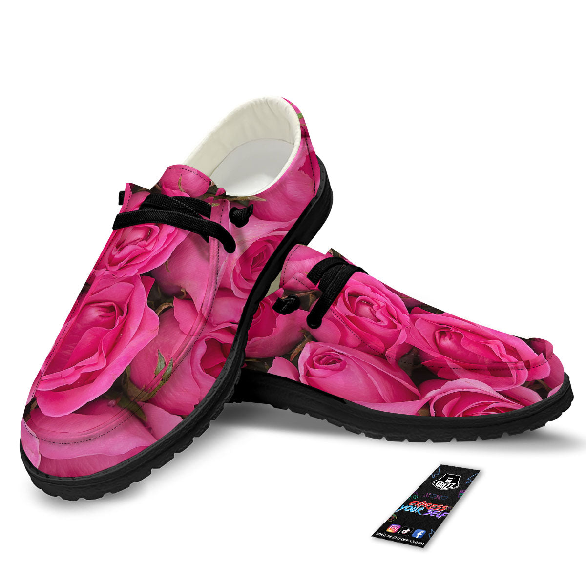 Rose Hot Pink Print Black Loafers-grizzshop