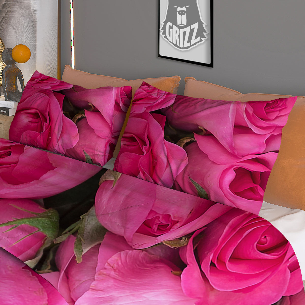 Rose Hot Pink Print Duvet Cover Bedding Set