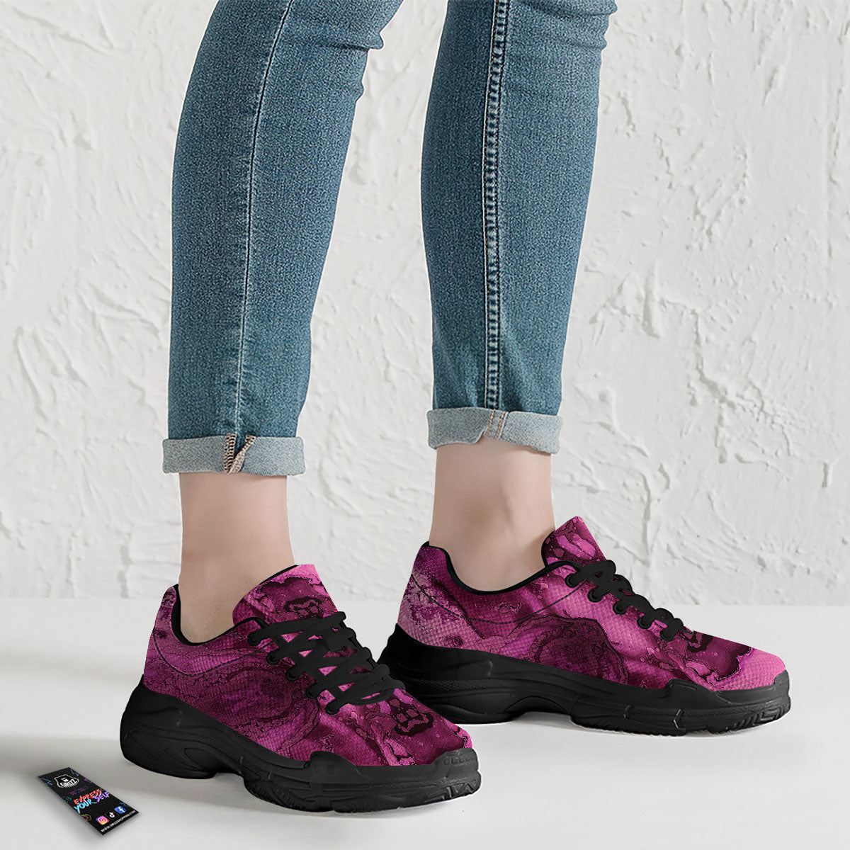 Rose Kaleidoscope Pink Print Black Chunky Shoes-grizzshop
