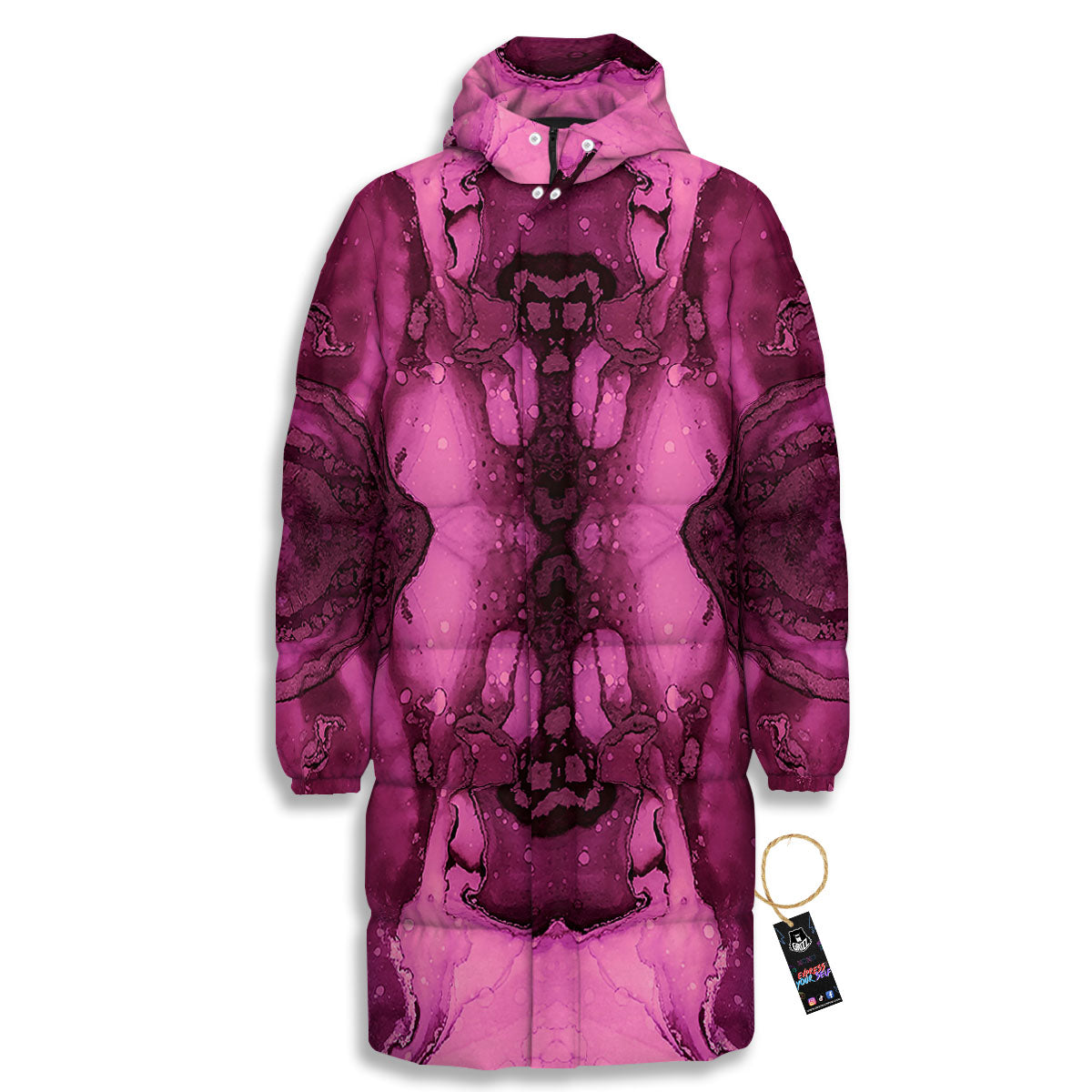 Rose Kaleidoscope Pink Print Long Down Jacket-grizzshop