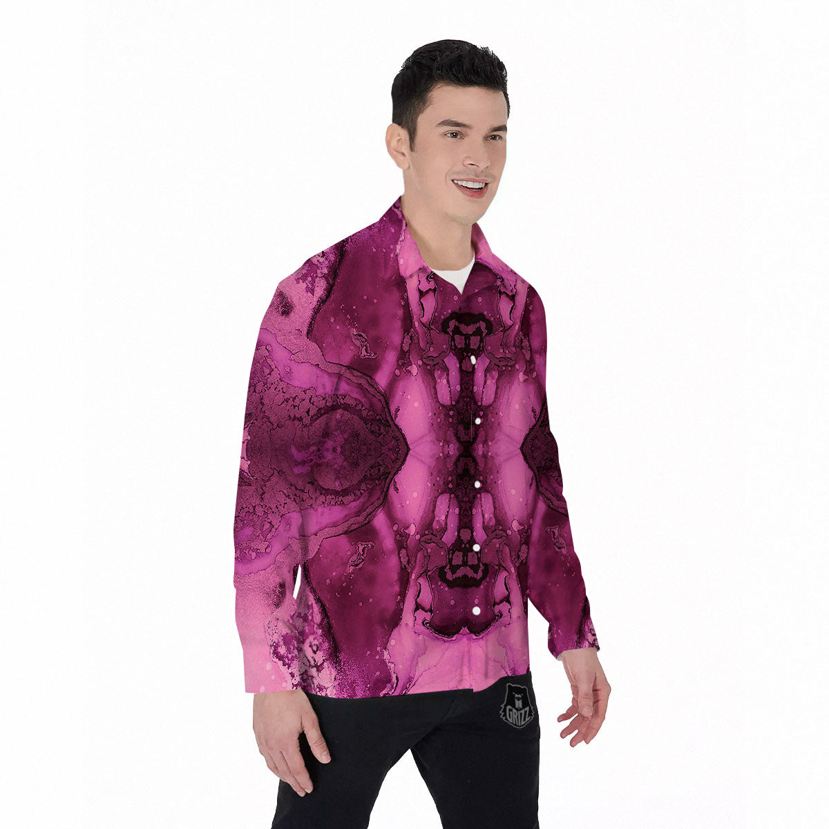 Rose Kaleidoscope Pink Print Men's Long Sleeve Shirts-grizzshop