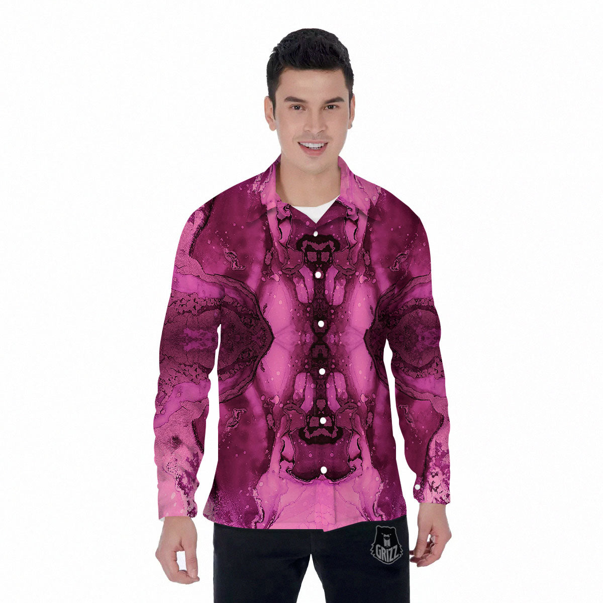 Rose Kaleidoscope Pink Print Men's Long Sleeve Shirts-grizzshop