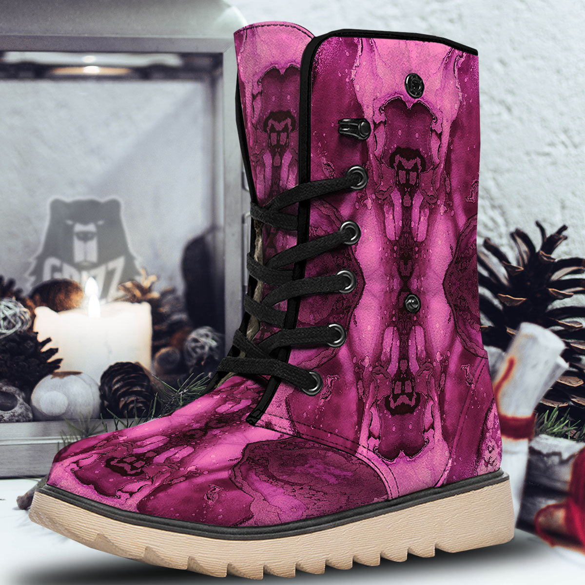 Rose Kaleidoscope Pink Print Snow Boots-grizzshop