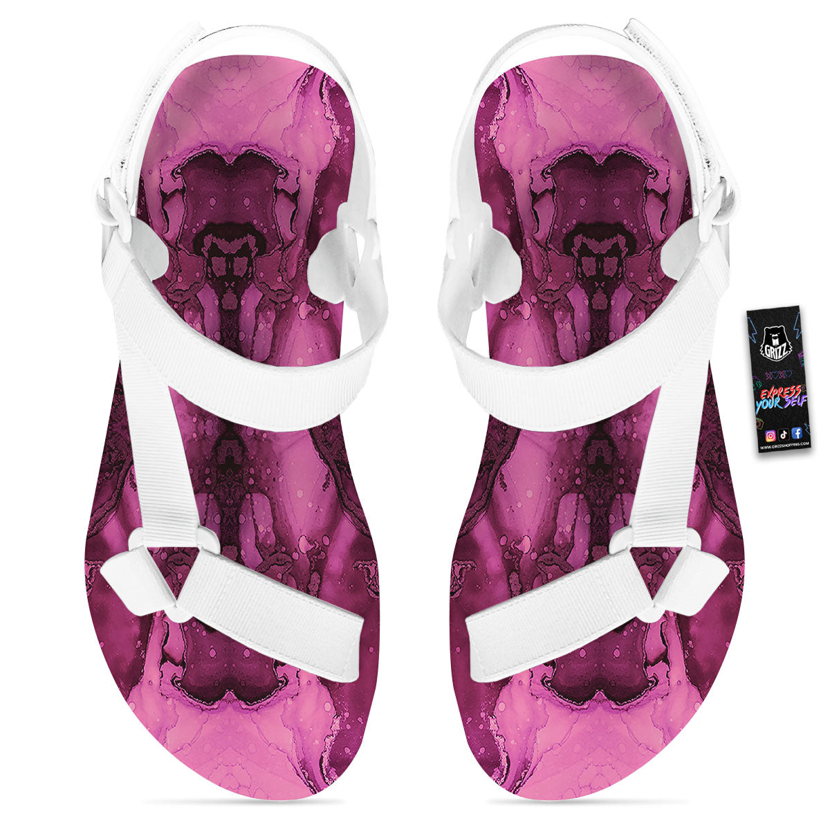 Rose Kaleidoscope Pink Print White Open Toe Sandals-grizzshop