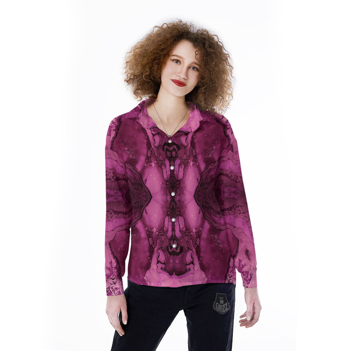 Rose Kaleidoscope Pink Print Women's Long Sleeve Shirts-grizzshop