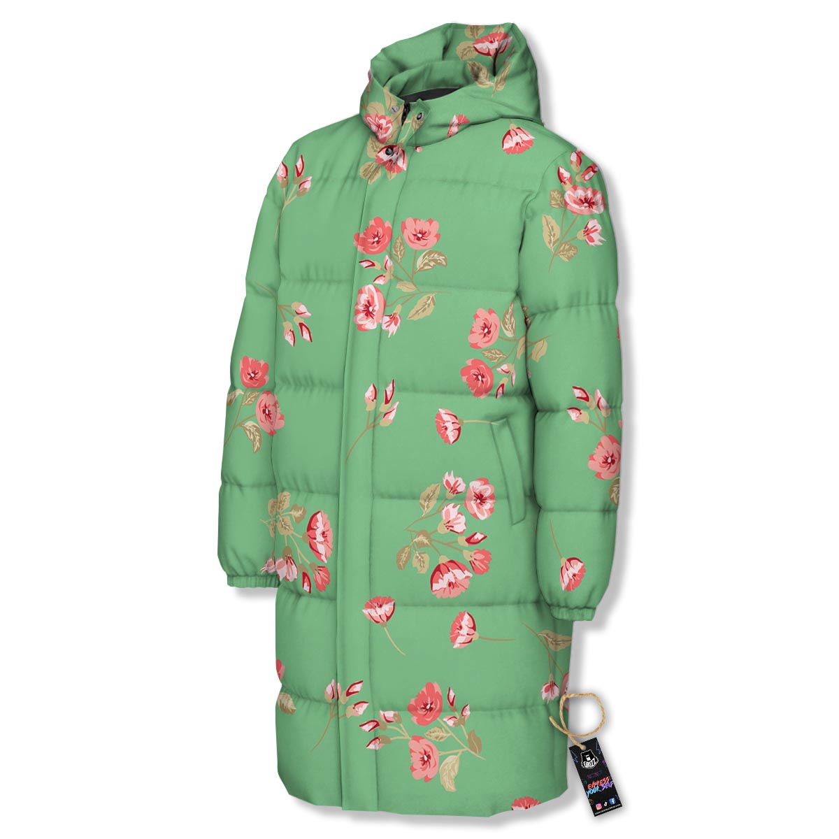Rose Petals Print Pattern Long Down Jacket-grizzshop