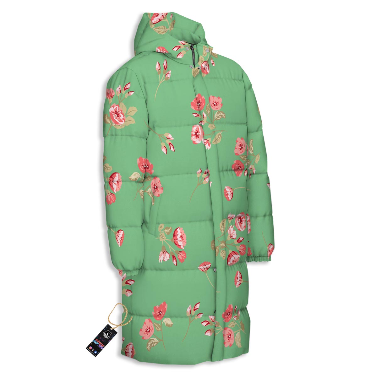 Rose Petals Print Pattern Long Down Jacket-grizzshop