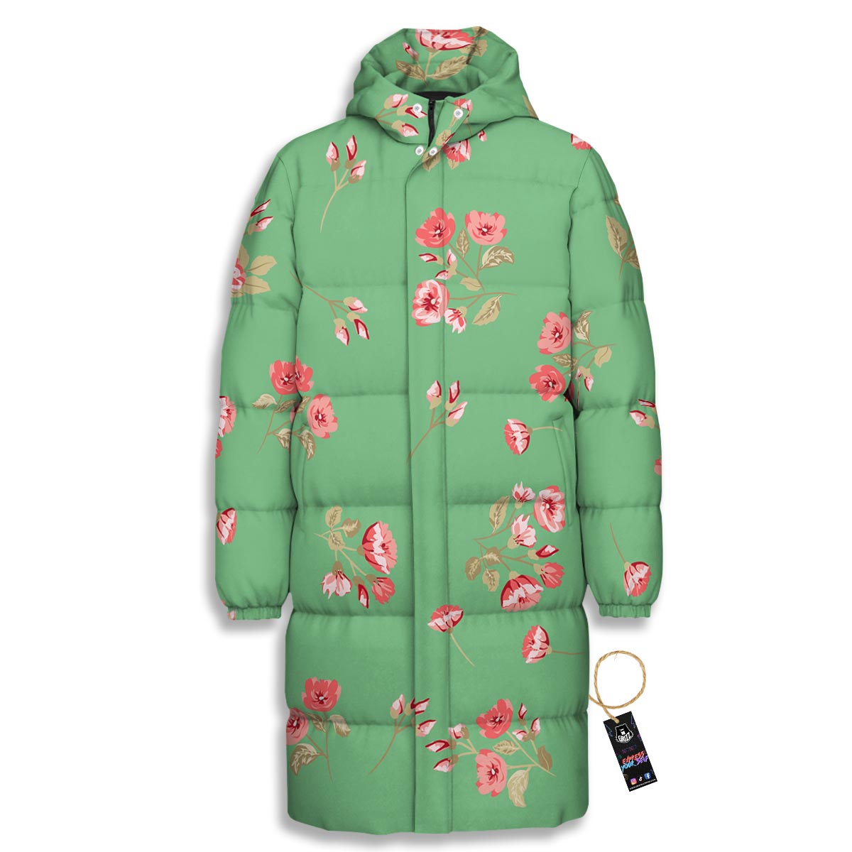 Rose Petals Print Pattern Long Down Jacket-grizzshop