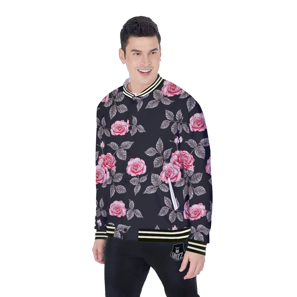 Rose Pink Print Pattern Baseball Jacket-grizzshop