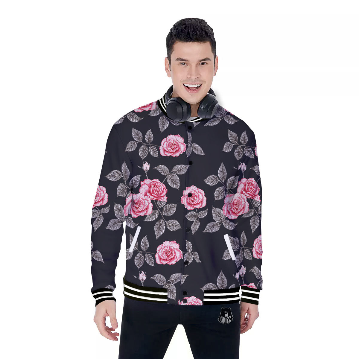 Rose Pink Print Pattern Baseball Jacket-grizzshop