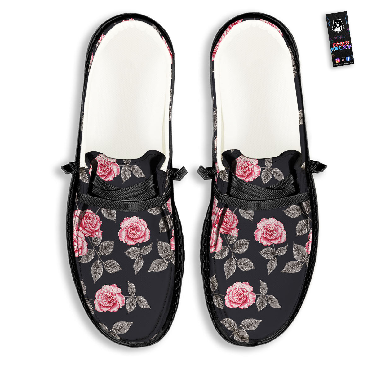 Rose Pink Print Pattern Black Loafers-grizzshop