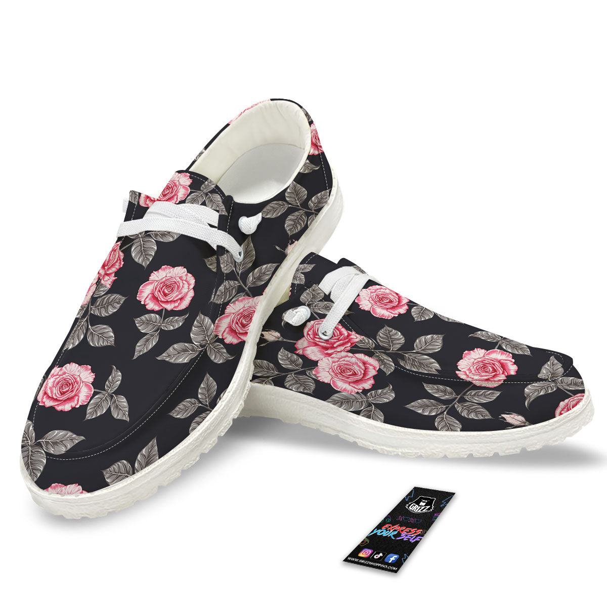Rose Pink Print Pattern Black Loafers-grizzshop