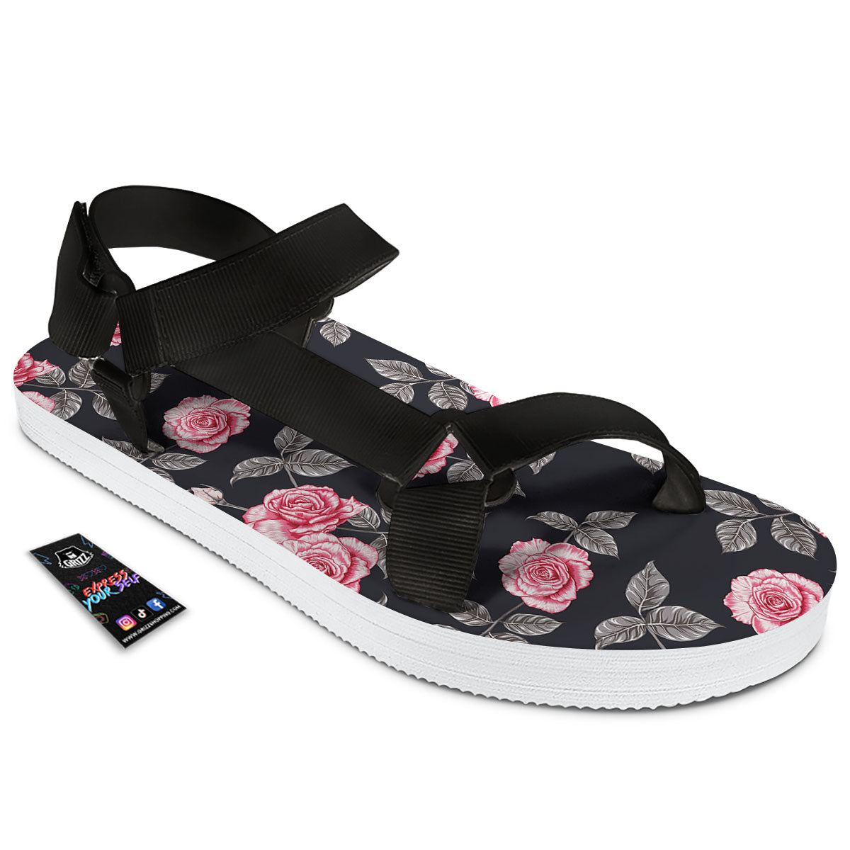 Rose Pink Print Pattern Black Open Toe Sandals-grizzshop