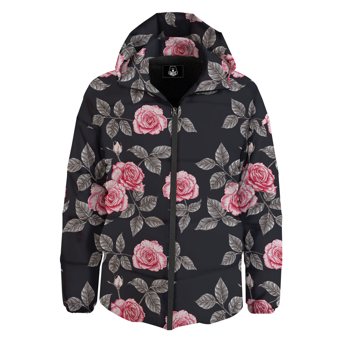 Rose Pink Print Pattern Down Jacket-grizzshop