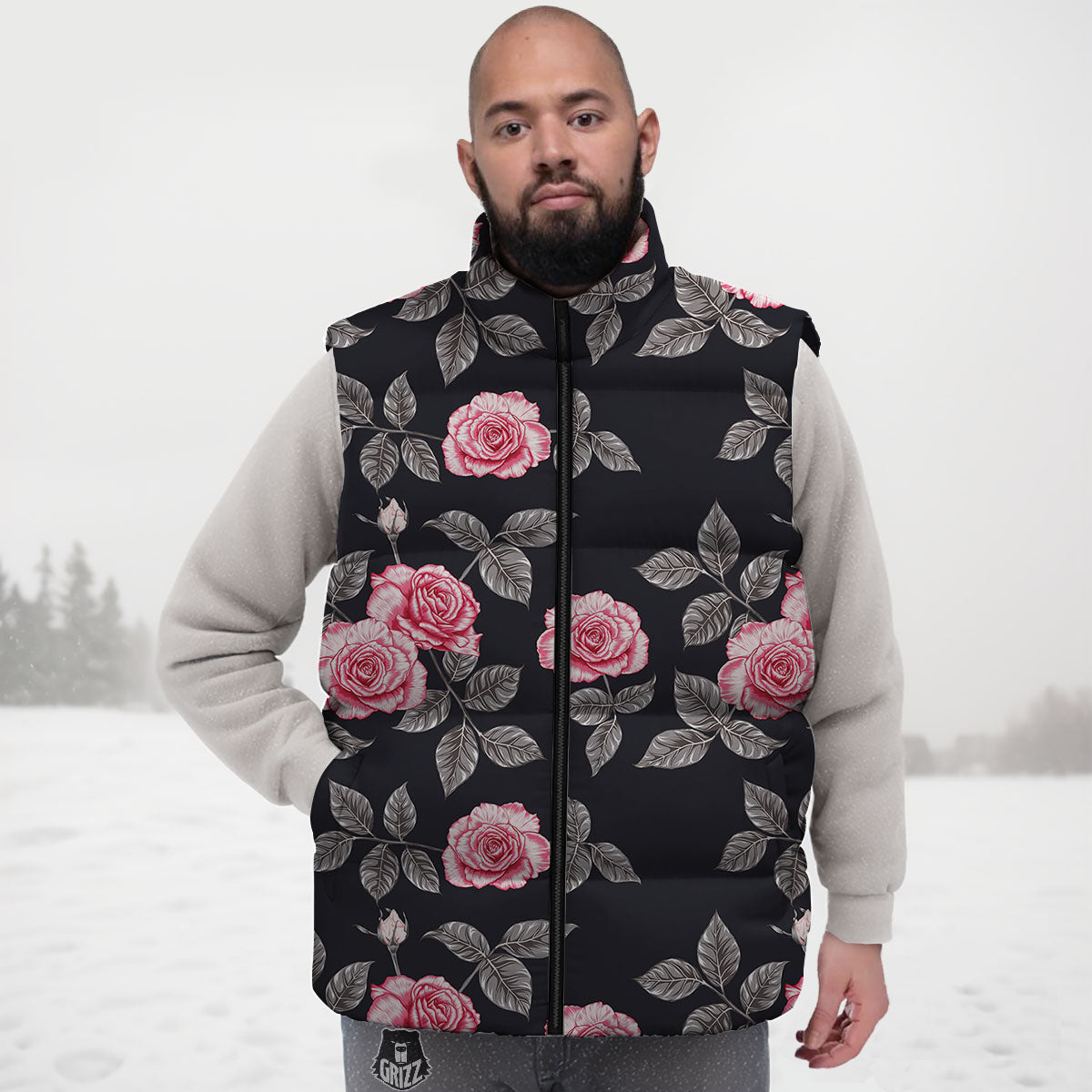 Rose Pink Print Pattern Down Vest-grizzshop
