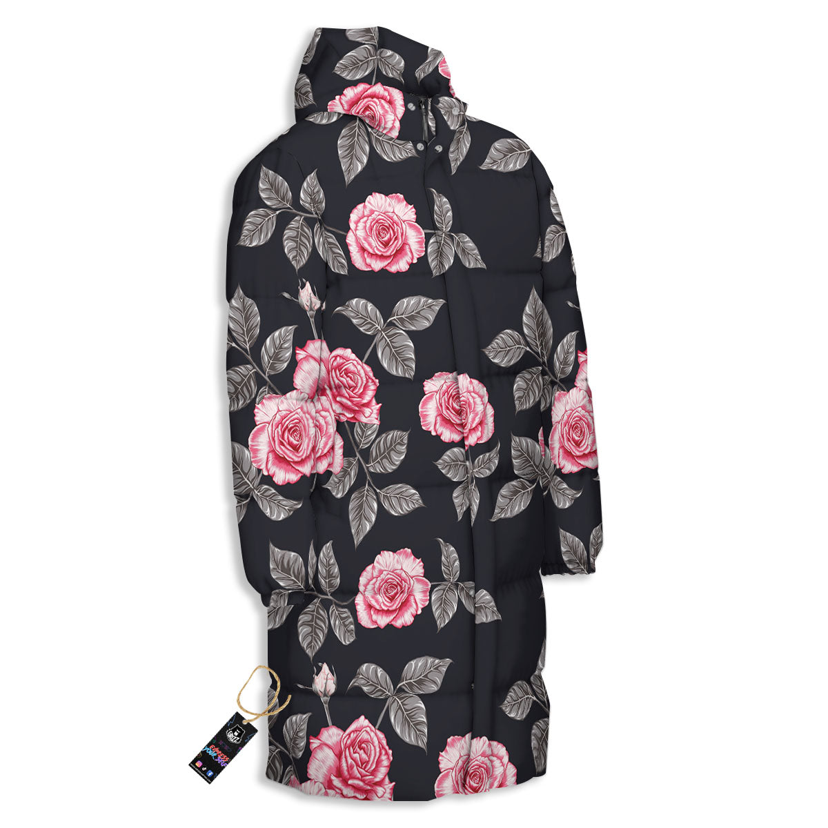 Rose Pink Print Pattern Long Down Jacket-grizzshop