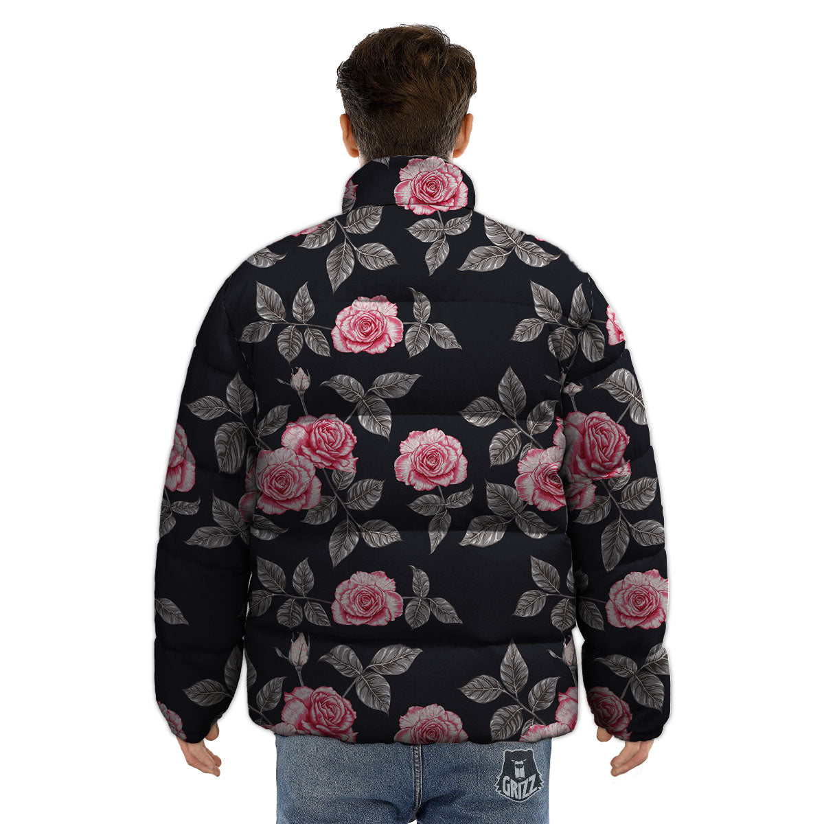Rose Pink Print Pattern Puffer Jacket-grizzshop
