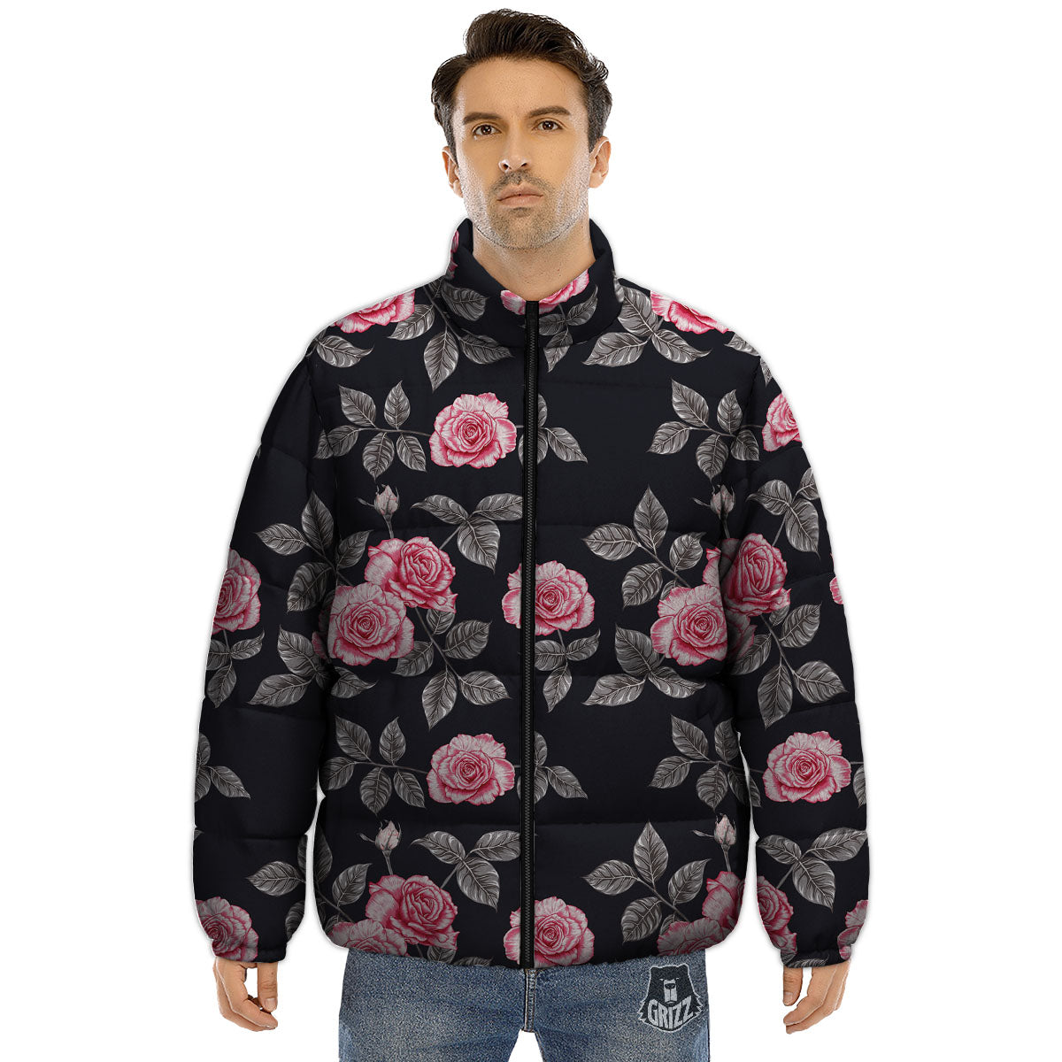 Rose Pink Print Pattern Puffer Jacket-grizzshop