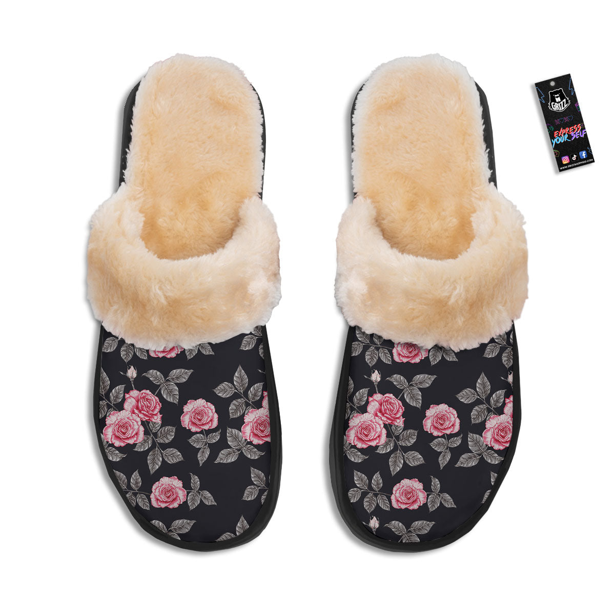 Rose Pink Print Pattern Slippers-grizzshop