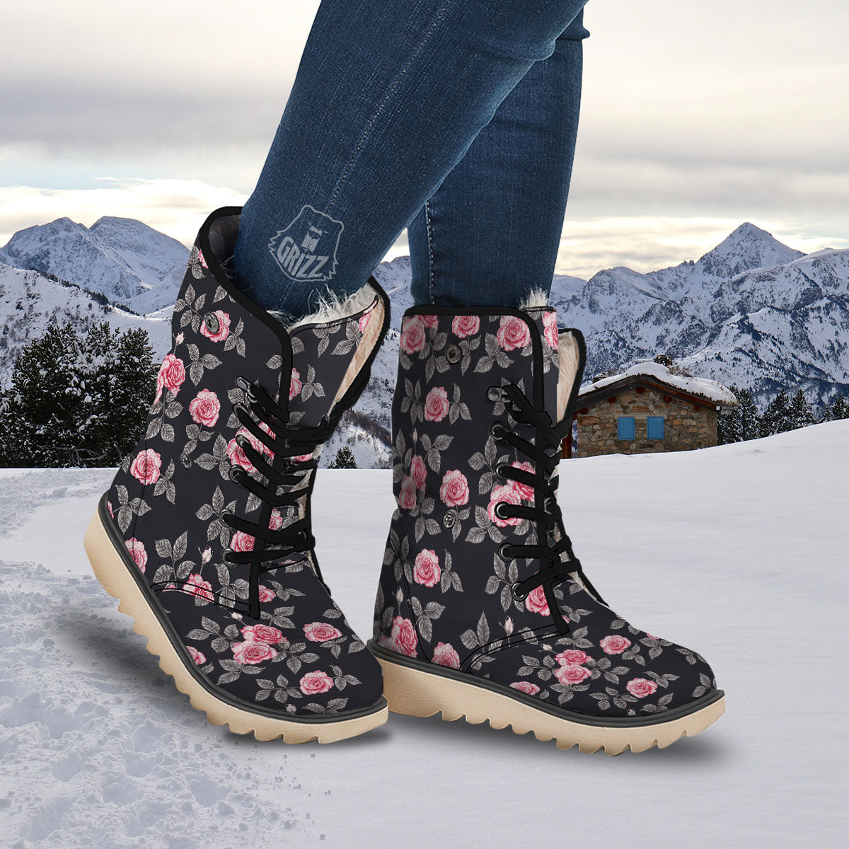 Rose Pink Print Pattern Snow Boots-grizzshop