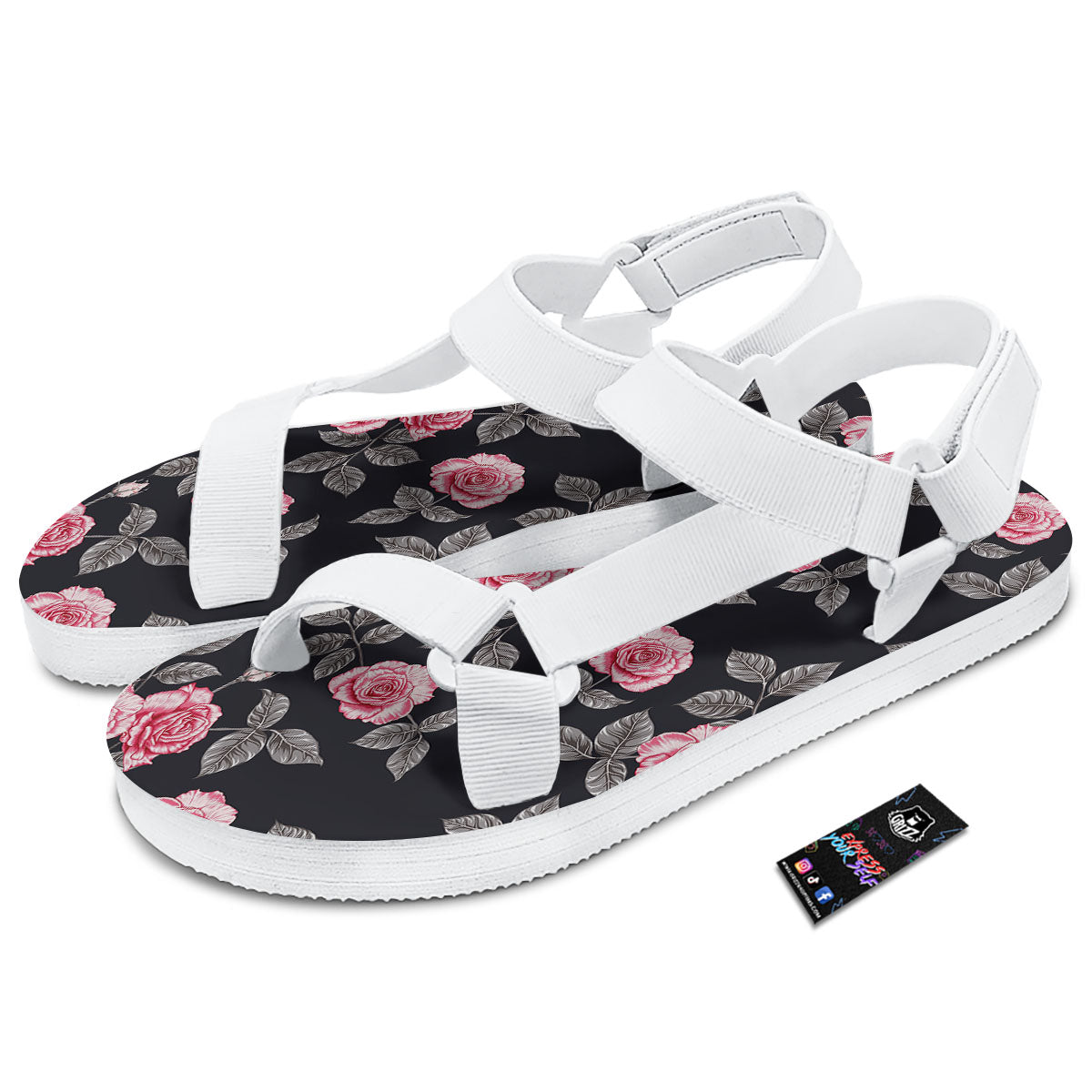 Rose Pink Print Pattern White Open Toe Sandals-grizzshop