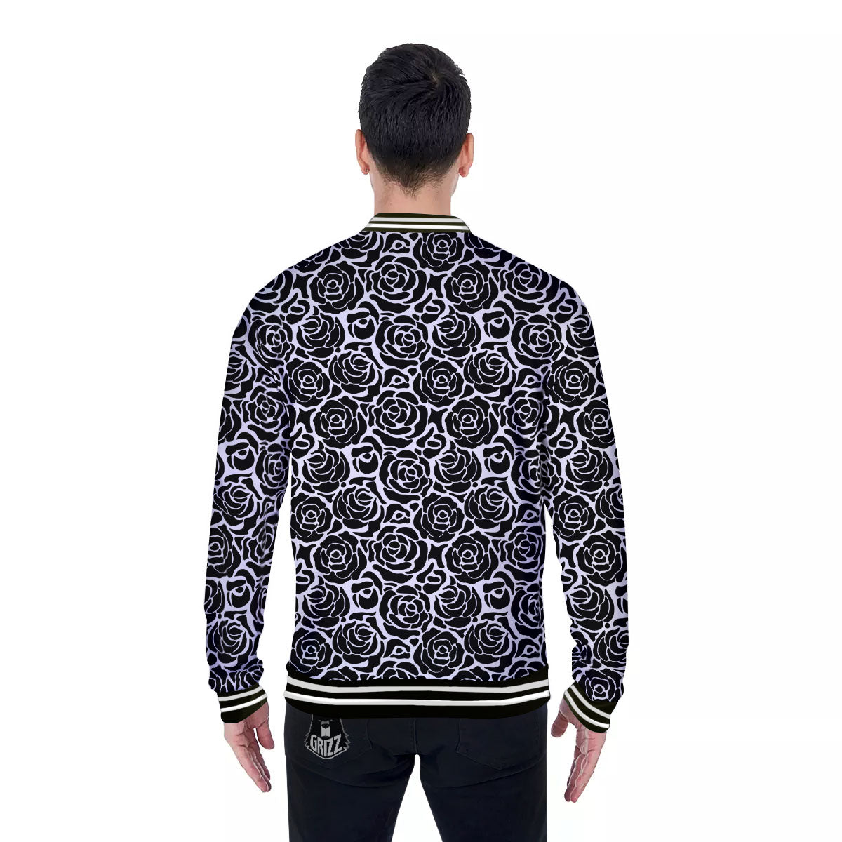 Rose Print Monochrome Pattern Baseball Jacket-grizzshop