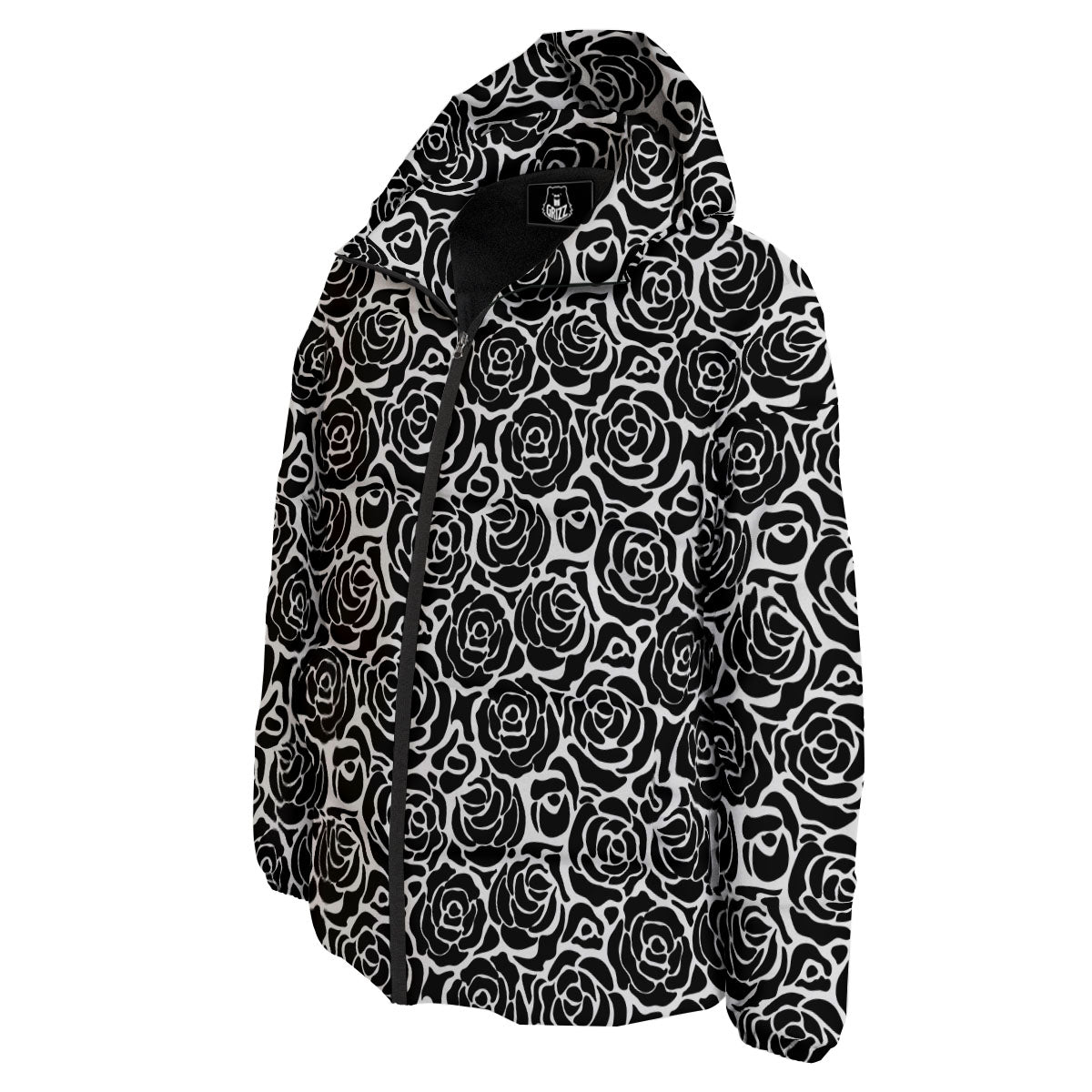 Rose Print Monochrome Pattern Down Jacket-grizzshop