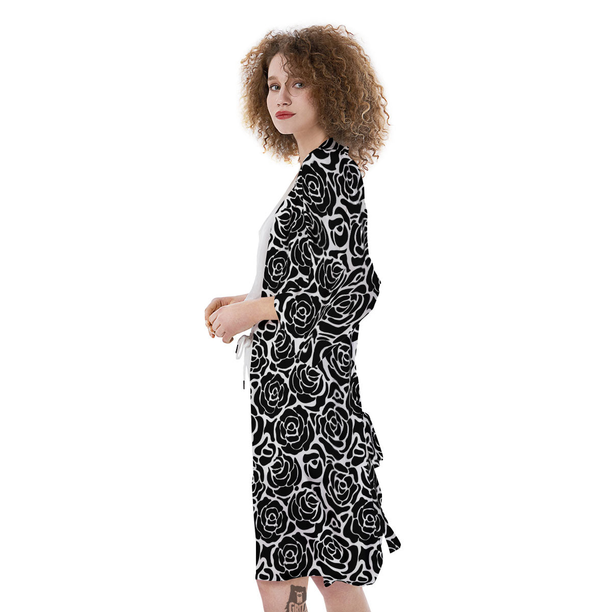 Rose Print Monochrome Pattern Kimono-grizzshop