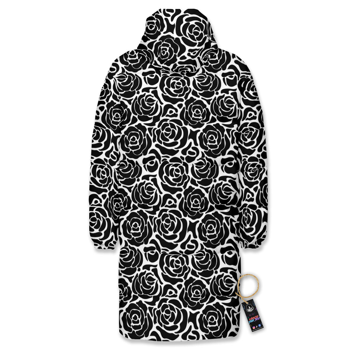 Rose Print Monochrome Pattern Long Down Jacket-grizzshop