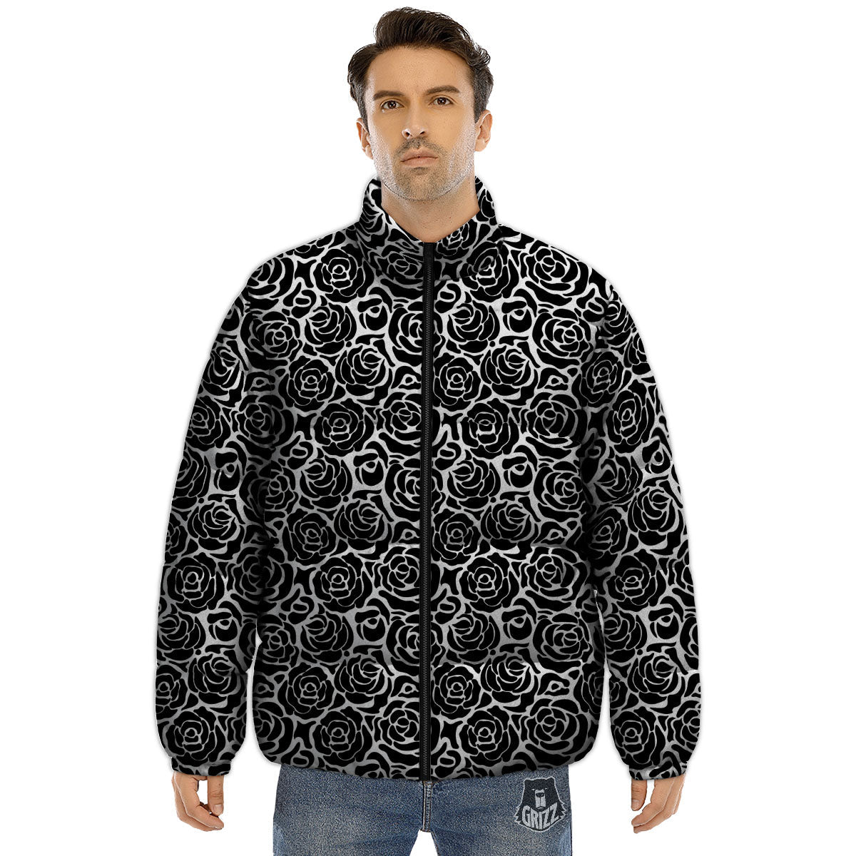 Rose Print Monochrome Pattern Puffer Jacket-grizzshop