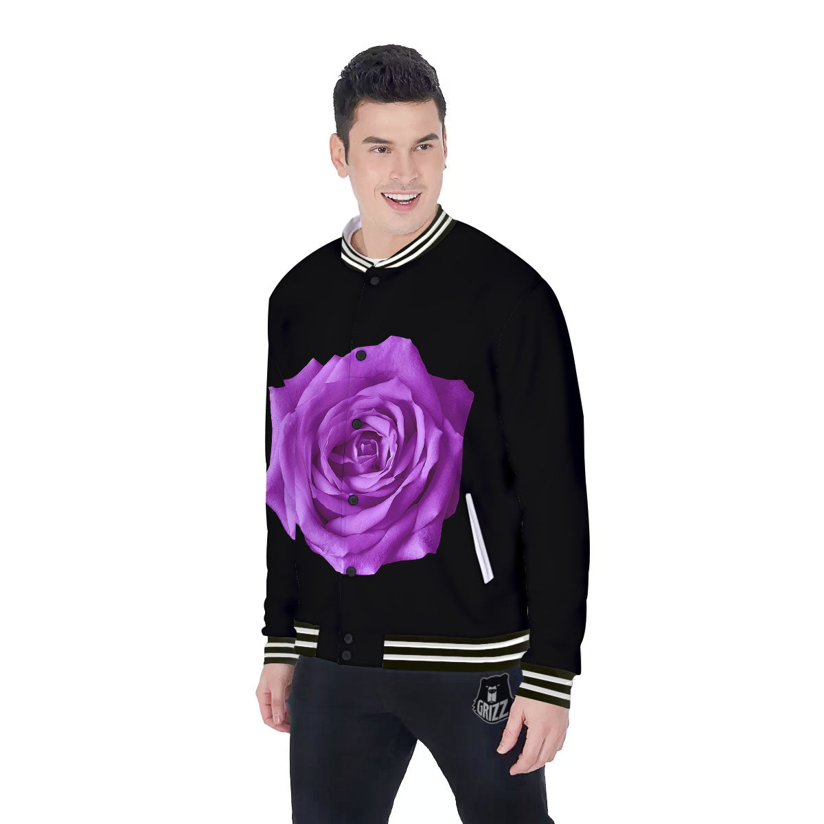Rose Purple Dark Print Baseball Jacket-grizzshop