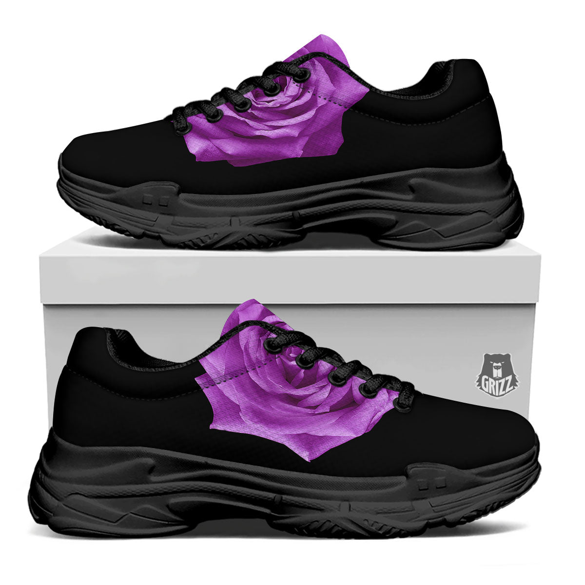 Rose Purple Dark Print Black Chunky Shoes-grizzshop