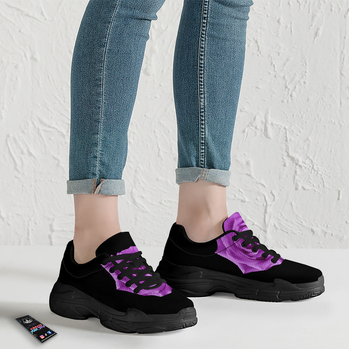 Rose Purple Dark Print Black Chunky Shoes-grizzshop