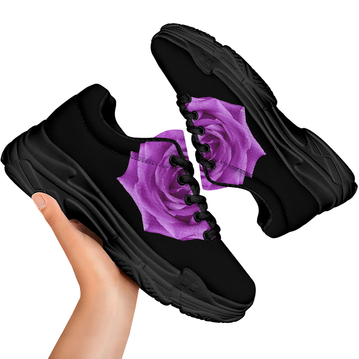 Rose Purple Dark Print Black Chunky Shoes-grizzshop