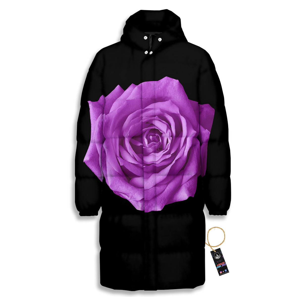 Rose Purple Dark Print Long Down Jacket-grizzshop