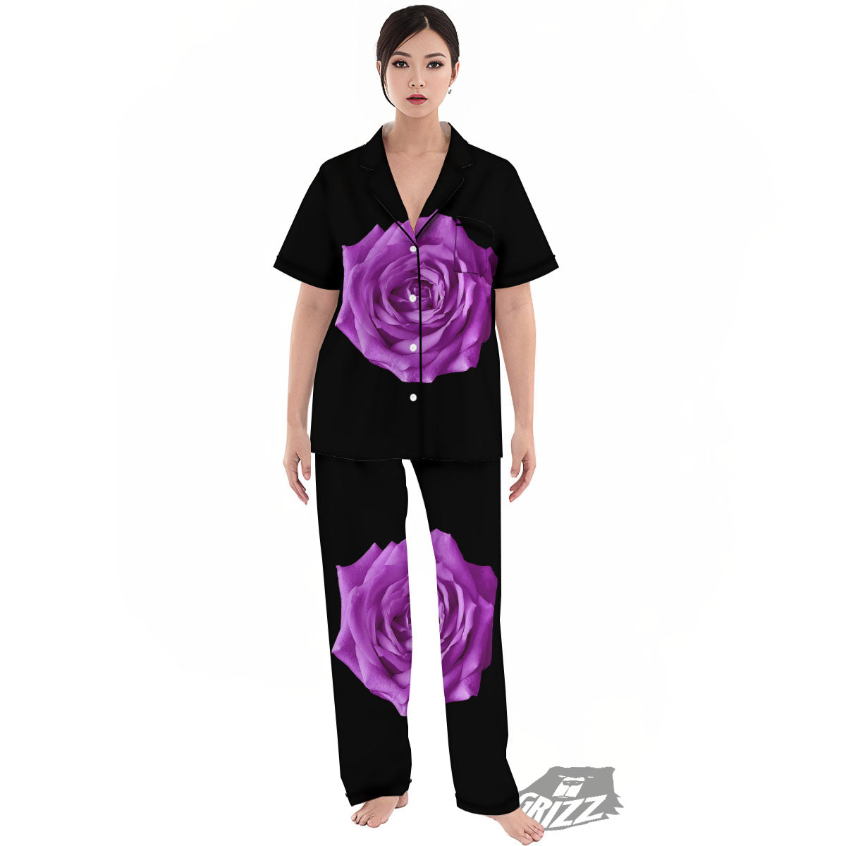 Rose Purple Dark Print Women's Pajamas Set-grizzshop