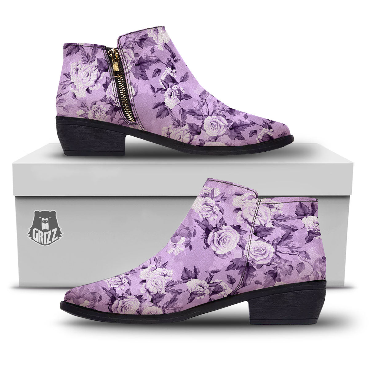 Rose Purple Print Pattern Ankle Boots-grizzshop