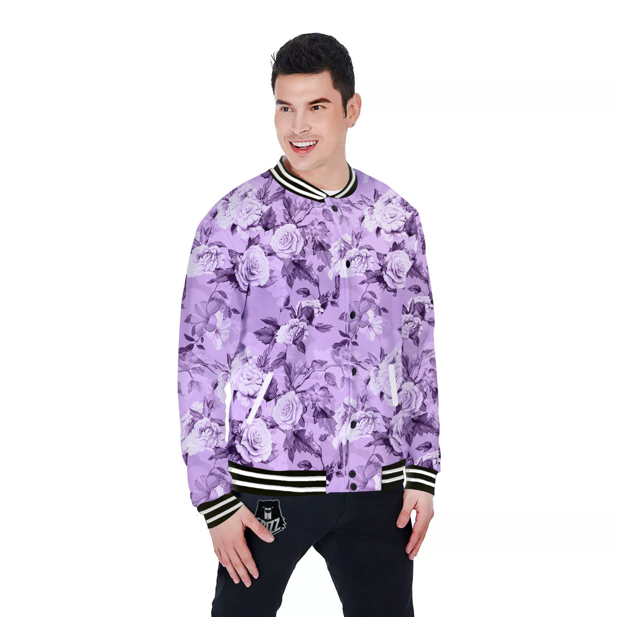 Rose Purple Print Pattern Baseball Jacket-grizzshop