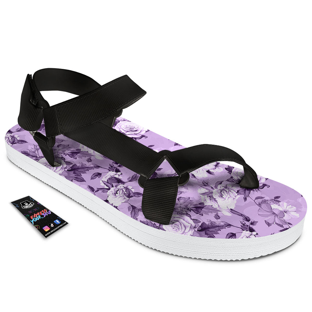 Rose Purple Print Pattern Black Open Toe Sandals-grizzshop