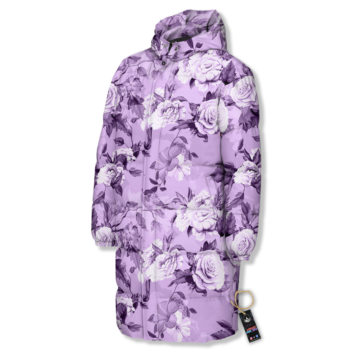 Rose Purple Print Pattern Long Down Jacket-grizzshop