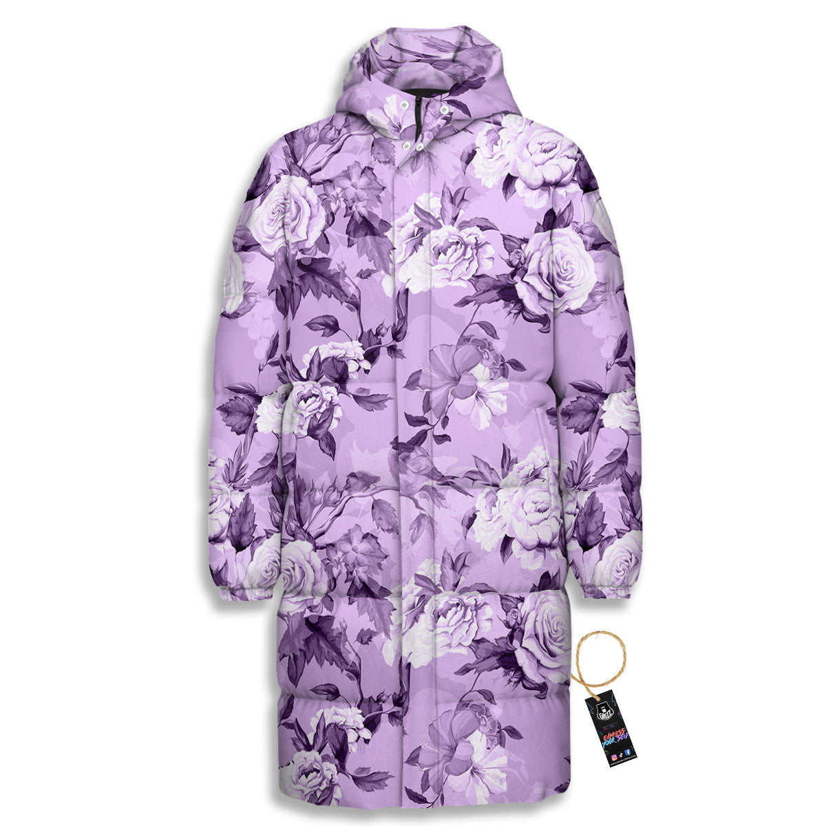 Rose Purple Print Pattern Long Down Jacket-grizzshop