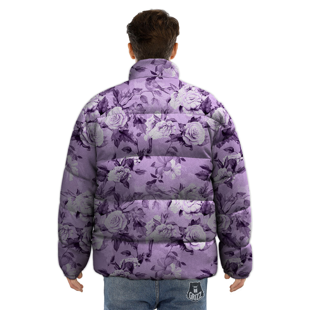 Rose Purple Print Pattern Puffer Jacket-grizzshop