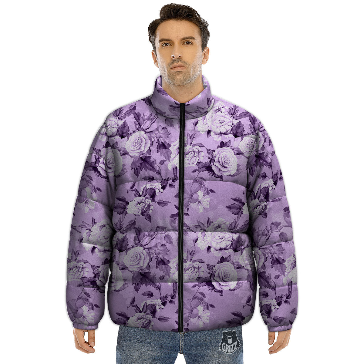 Rose Purple Print Pattern Puffer Jacket-grizzshop