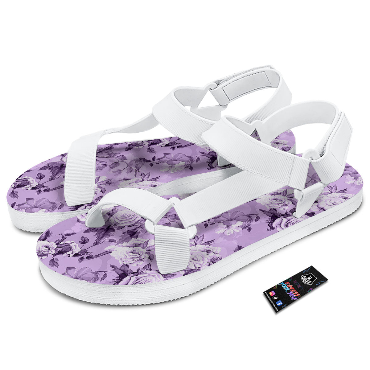 Rose Purple Print Pattern White Open Toe Sandals-grizzshop