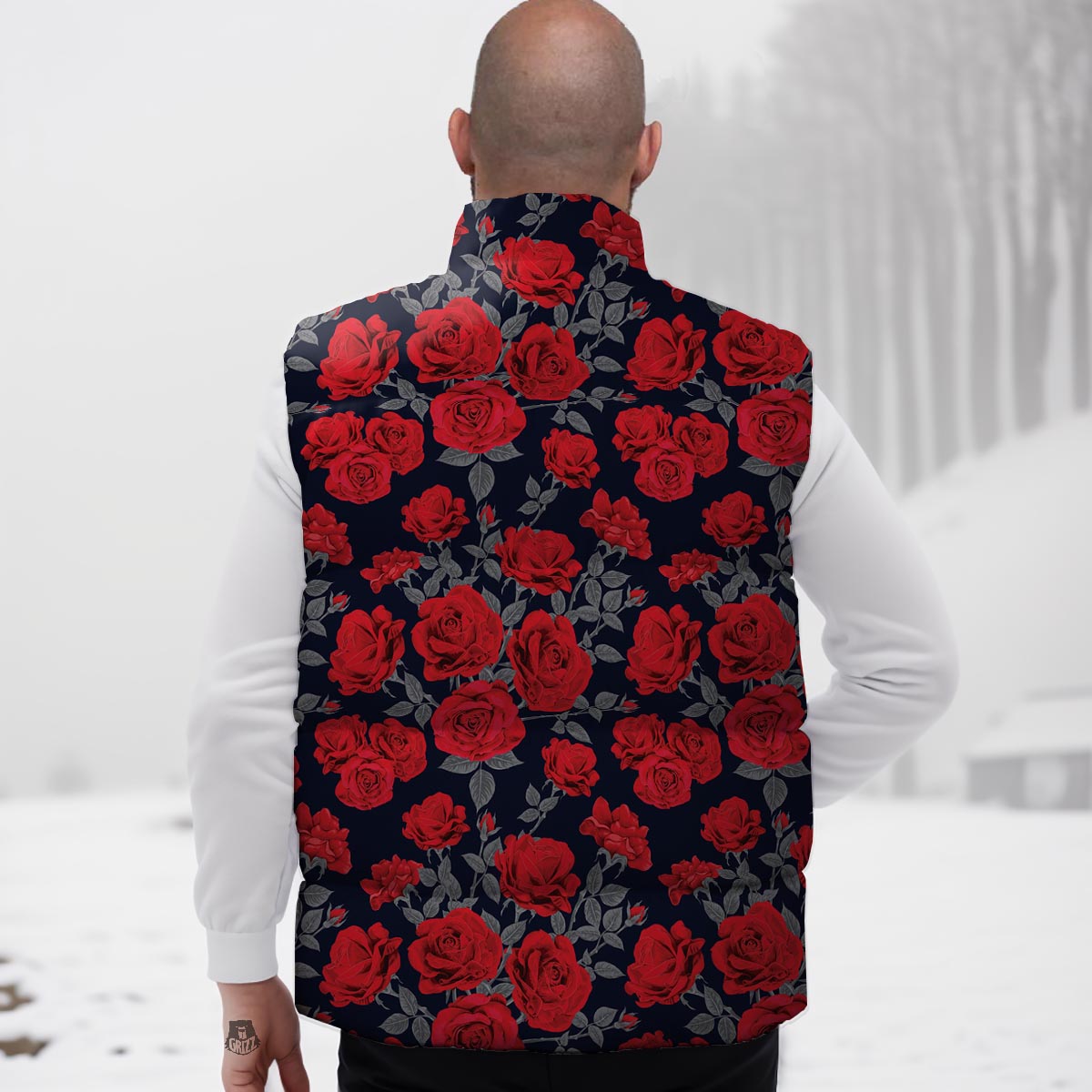 Rose Red Print Pattern Down Vest-grizzshop
